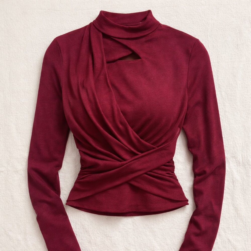 ASTR Burgundy Draped Cutout Top | Snatched Wrap Y2K Going Out Blouse M NWT - Picture 2 of 12